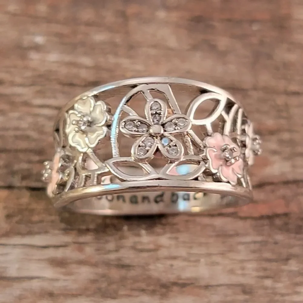 Sterling Openwork CZ Enamel Flowers Ring